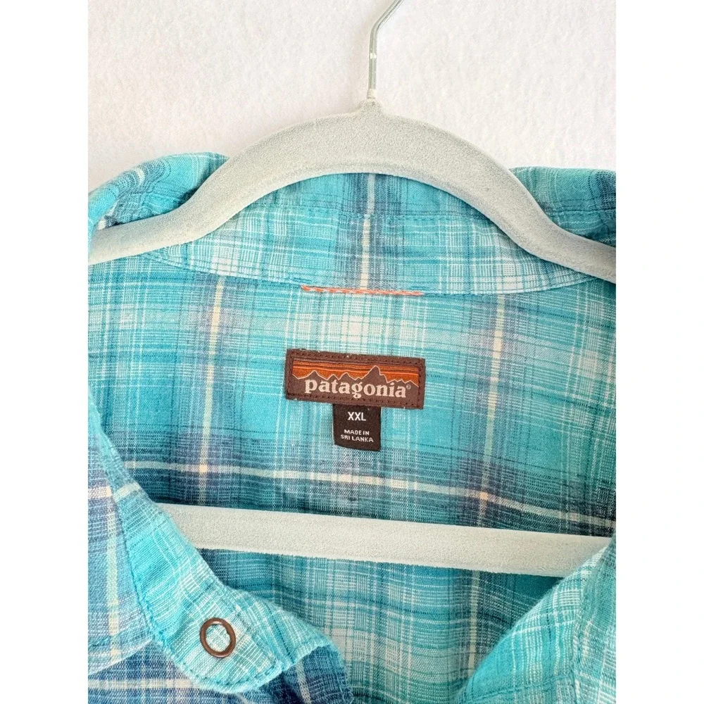 Patagonia Mens XXL Turquoise Plaid Hemp Blend Snap Front Western Shirt